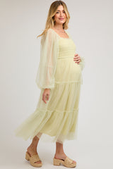 Light Olive Mesh Tiered Long Sleeve Maternity Maxi Dress