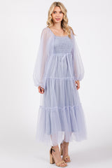 Light Blue Mesh Tiered Long Sleeve Maxi Dress