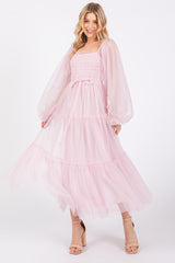 Pink Mesh Tiered Long Sleeve Maternity Maxi Dress