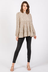 Ivory Animal Print Mock Neck Tiered Top