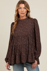 Brown Animal Print Mock Neck Tiered Maternity Top