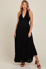 Black Deep V-Neck Cross Back Maternity Maxi Dress