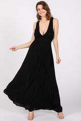 Black Deep V-Neck Cross Back Maxi Dress