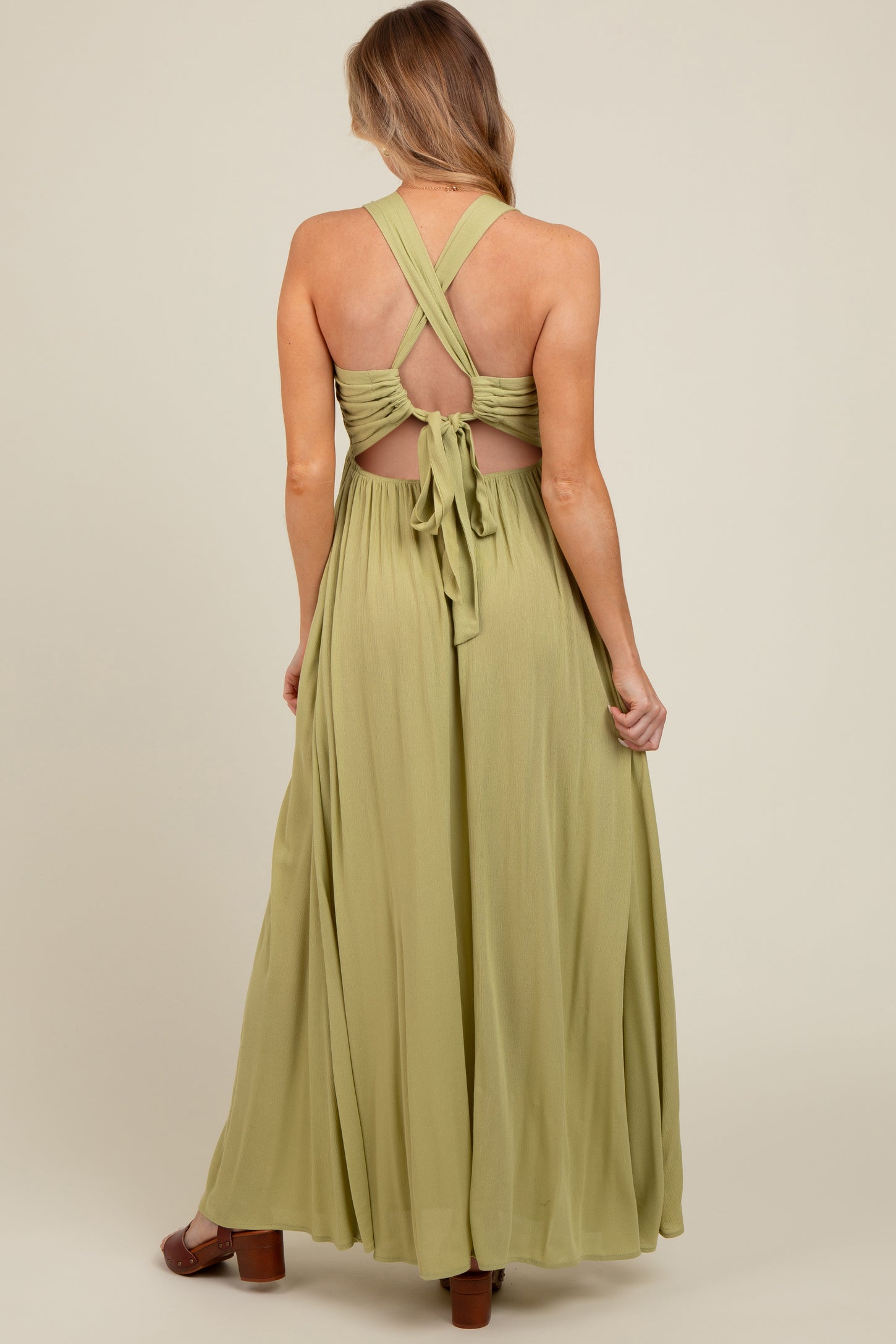 Lime Deep V-Neck Cross Back Maternity Maxi Dress