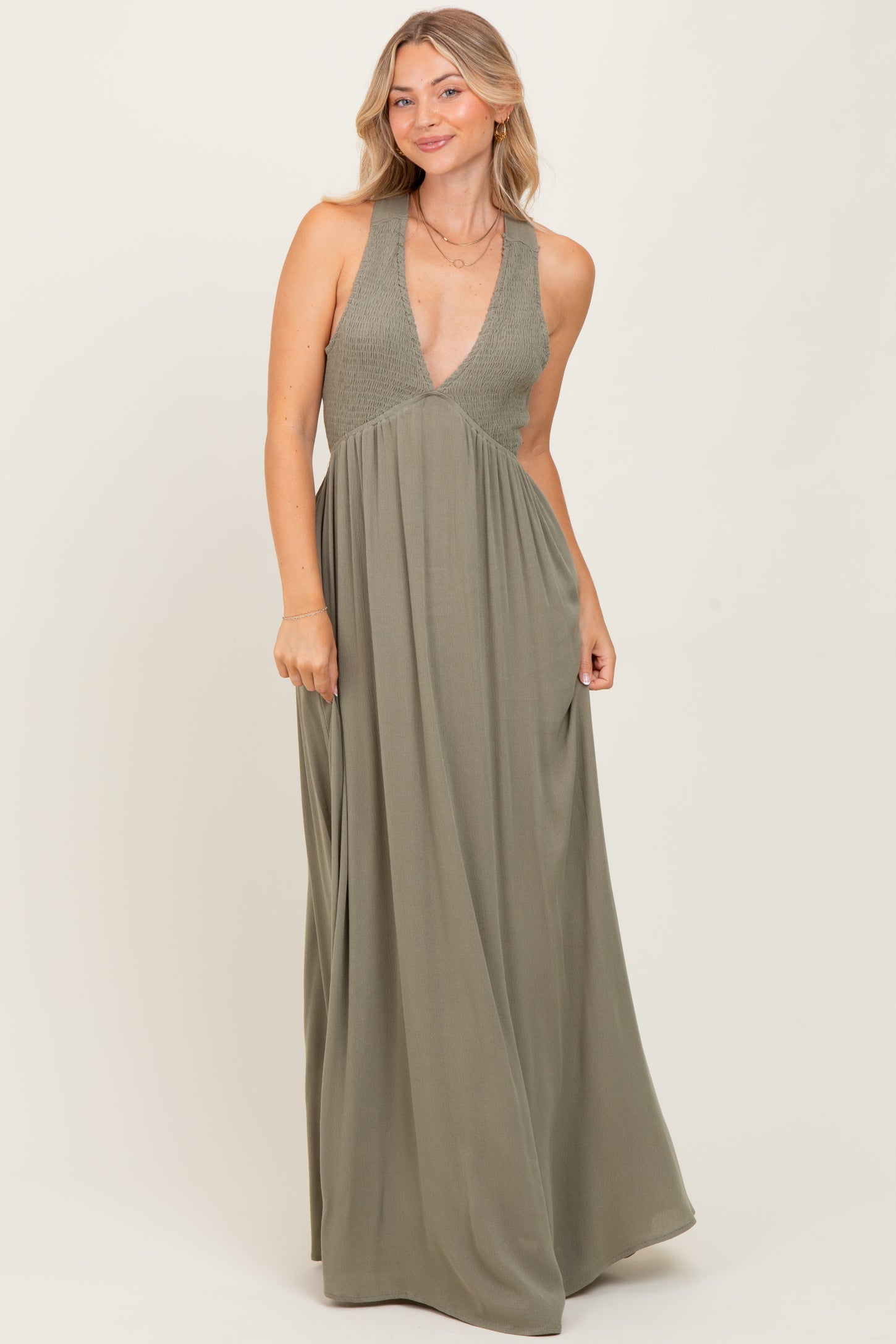 Olive Deep V-Neck Cross Back Maxi Dress