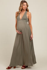 Olive Deep V-Neck Cross Back Maternity Maxi Dress