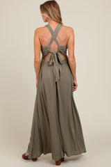 Olive Deep V-Neck Cross Back Maternity Maxi Dress