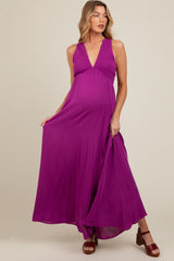 Violet Deep V-Neck Cross Back Maternity Maxi Dress