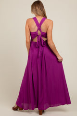 Violet Deep V-Neck Cross Back Maternity Maxi Dress