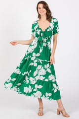 Green Floral Smocked Knotted Top Maternity Maxi Dress