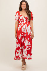 Red Floral Smocked Knotted Top Maternity Maxi Dress