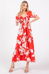 Red Floral Smocked Knotted Top Maxi Dress