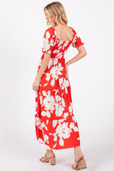 Red Floral Smocked Knotted Top Maxi Dress