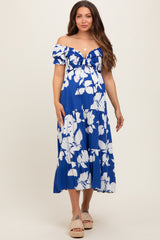 Royal Floral Smocked Knotted Top Maternity Maxi Dress