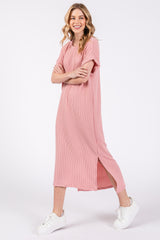 Light Pink Ribbed Short Sleeve Midi Dress