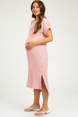 Light Pink Ribbed Short Sleeve Maternity Midi Dress