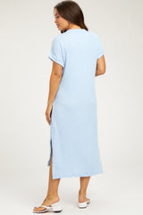 Light Blue Ribbed Short Sleeve Maternity Midi Dress