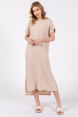 Beige Ribbed Short Sleeve Maternity Midi Dress