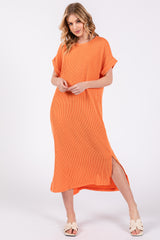 Orange Ribbed Short Sleeve Maternity Midi Dress