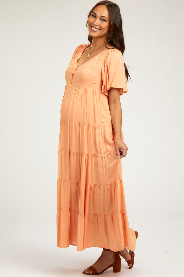 Orange Button Detail Tiered Maternity Maxi Dress