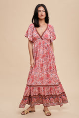 Pink Floral Flounce Sleeve Maternity Maxi Dress