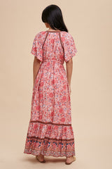 Pink Floral Flounce Sleeve Maxi Dress