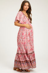 Pink Floral Flounce Sleeve Maternity Maxi Dress