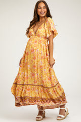 Yellow Floral Flounce Sleeve Maternity Maxi Dress