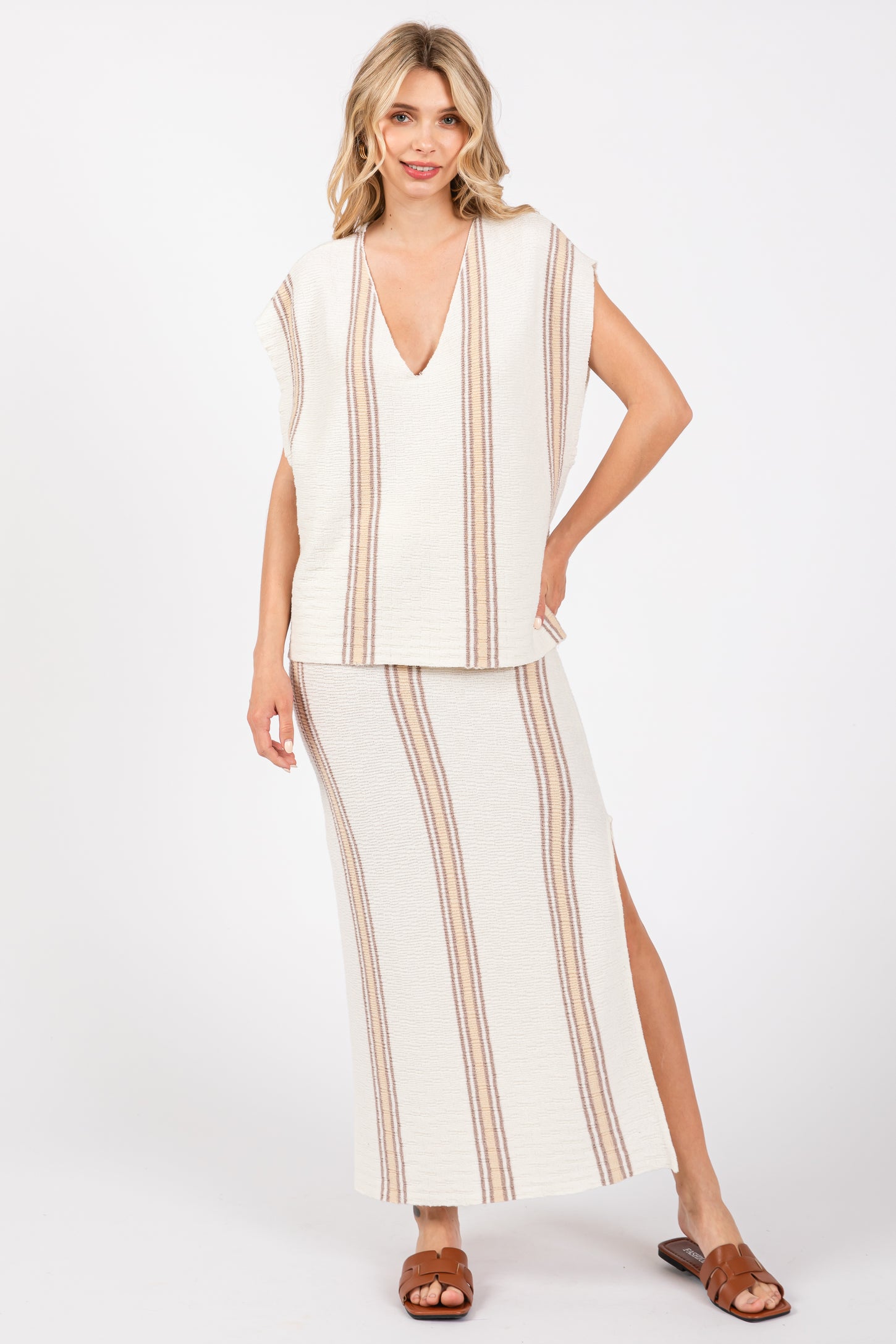 Ivory Striped Knit V-Neck Maternity Midi Skirt Set
