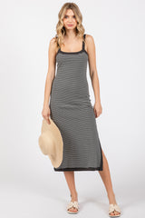 Charcoal Striped Sleeveless Fitted Side Slit Dress