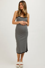 Charcoal Striped Sleeveless Fitted Side Slit Maternity Dress