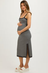 Charcoal Striped Sleeveless Fitted Side Slit Maternity Dress