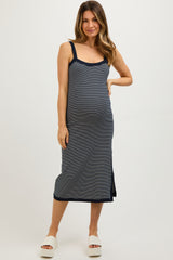 Navy Striped Sleeveless Fitted Side Slit Maternity Dress