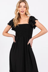 Black Smocked Ruffle Off Shoulder Tiered Maxi Dress