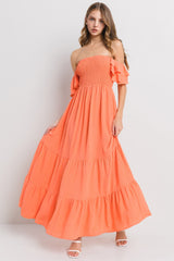 Orange Smocked Ruffle Off Shoulder Tiered Maternity Maxi Dress