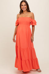 Orange Smocked Ruffle Off Shoulder Tiered Maternity Maxi Dress