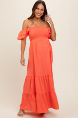 Orange Smocked Ruffle Off Shoulder Tiered Maternity Maxi Dress