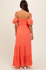 Orange Smocked Ruffle Off Shoulder Tiered Maternity Maxi Dress