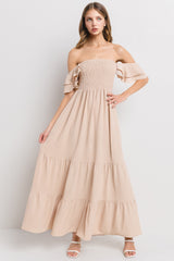 Taupe Smocked Ruffle Off Shoulder Tiered Maternity Maxi Dress