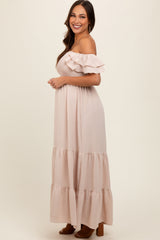 Taupe Smocked Ruffle Off Shoulder Tiered Maternity Maxi Dress