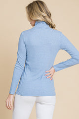 Light Blue Heathered Ribbed Mock Neck Long Sleeve Top