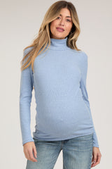 Light Blue Heathered Ribbed Mock Neck Long Sleeve Maternity Top