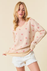 Cream Heart Print Knit Sweater