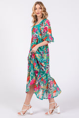 Turquoise Floral Half-Length Sleeve Tie Midi Dress