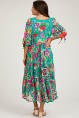 Turquoise Floral Half-Length Sleeve Tie Maternity Midi Dress