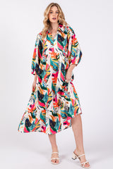 Cream Leaf Print Half Length Sleeve Maternity Midi Dress