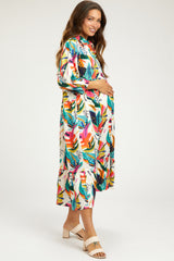 Cream Leaf Print Half Length Sleeve Maternity Midi Dress