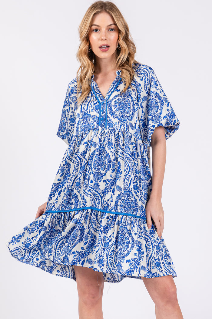 Blue Print Satin Puff Sleeve Maternity Dress
