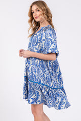 Blue Print Satin Puff Sleeve Dress