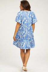 Blue Print Satin Puff Sleeve Maternity Dress